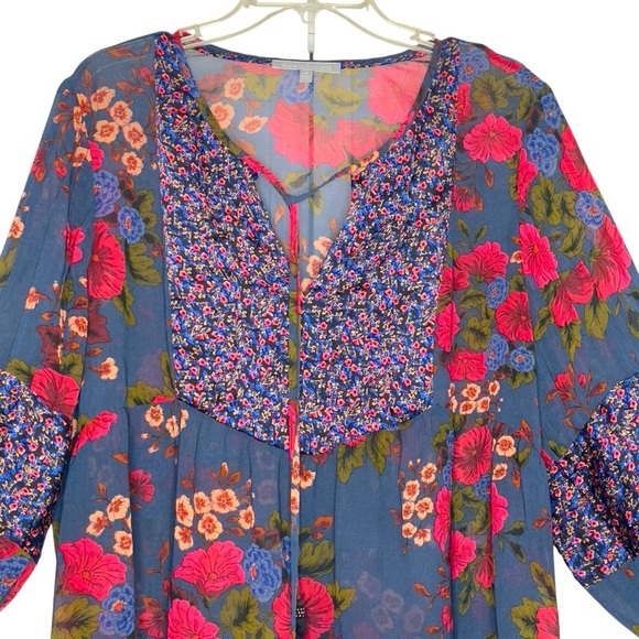 Daniel Rainn XXL Blue Floral Boho Peasant Blouse Sheer 3/4 Sleeve Tassel Tie - Picture 4 of 13